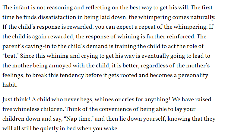 That piece of fucking garbage is called To Train up a Child, written by Debi and Michael Pearl. It was full of little gems like this: