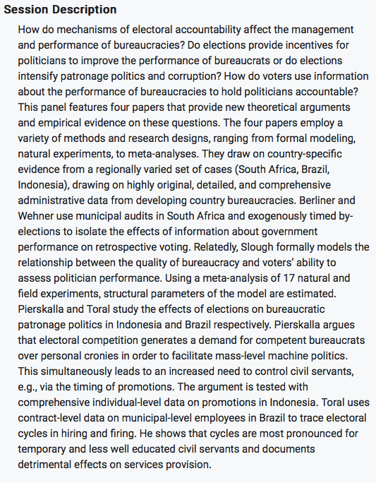 First up, at 10 AM EST Saturday,  @ProfTortuga  @berliner_dan  @MedianVoter  @tara_slough  @guillermo_toral  @anjalit2020  @VirOliveros with papers on Accountability! 2/