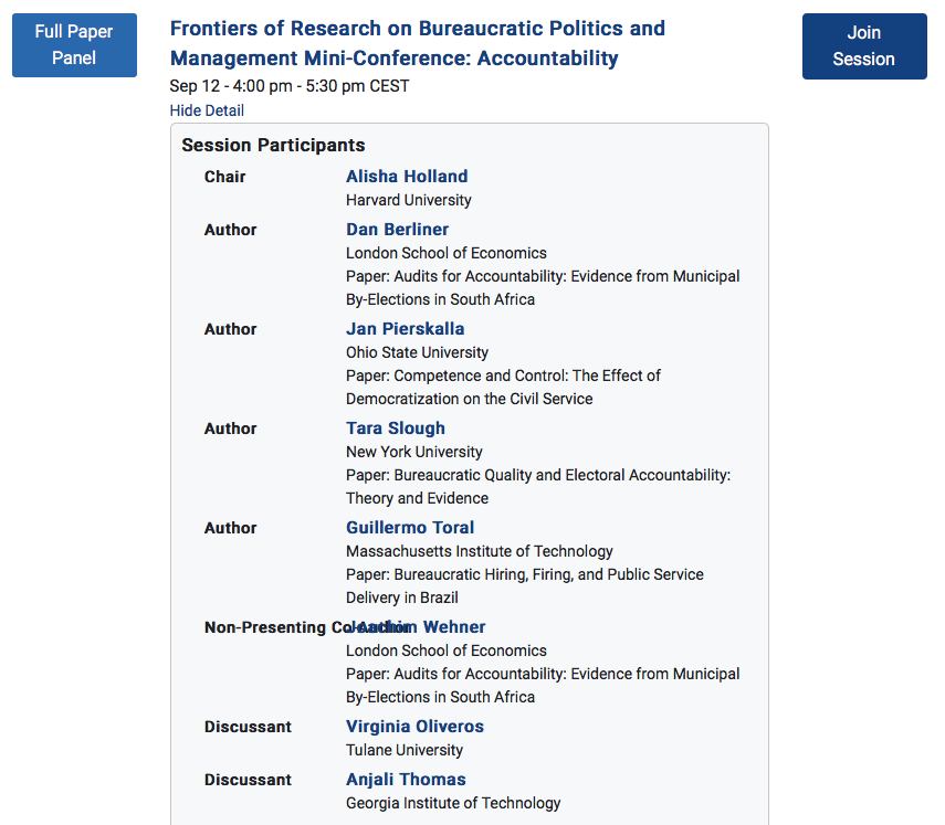 First up, at 10 AM EST Saturday,  @ProfTortuga  @berliner_dan  @MedianVoter  @tara_slough  @guillermo_toral  @anjalit2020  @VirOliveros with papers on Accountability! 2/