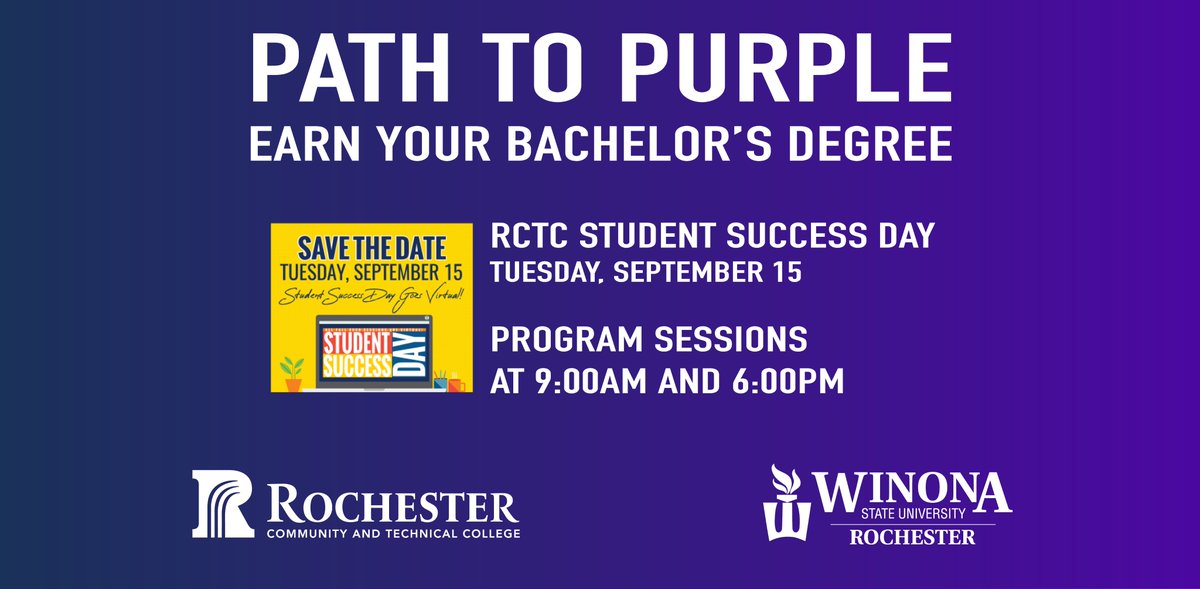 WSURochester's tweet photo. Start the Path to Purple at RCTC and earn a bachelor's degree from Winona State right here in #RochMN. RCTC students are invited to meet with our transfer advisors during RCTC Student Success Day on 9/15. For more info, connect with @WSURecruiter or visit: https://t.co/Wp1V9o838q https://t.co/nFJeDomiXW