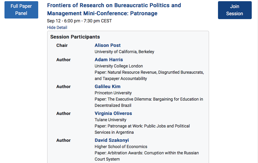 Then, at noon EST, Alison,  @a_harris4  @galileu_kim  @VirOliveros  @dszakonyi  @ruthcarlitz  @MedianVoter on Patronage for the 2nd leg... 3/