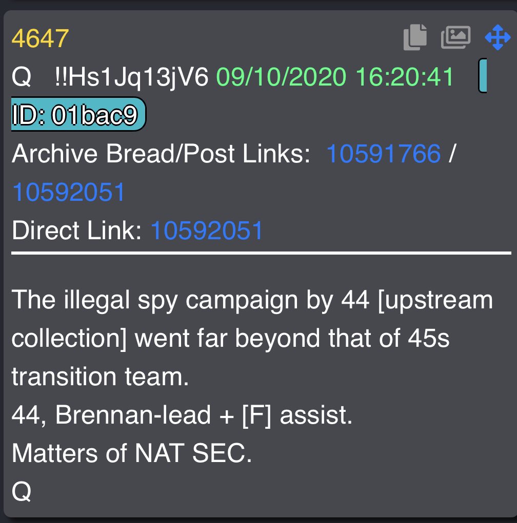 4647The illegal spy campaign by 44 [upstream collection] went far beyond that of 45s transition team. 44, Brennan-lead + [F] assist.Matters of NAT SEC.Q