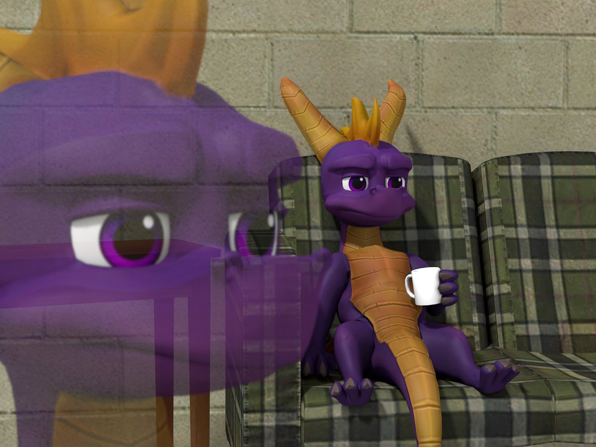 Spyro upset with a coffee cup, like that one meme