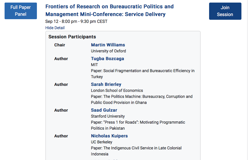Next up for the 3rd leg of our bureaucratic relay, at 2PM  @Mar_tinW  @TBozcha's AWESOME award-winning paper  @Sarah_Brierley1  @NicholasKuipers  @kopalo &  @jonars_s (screenshot has one non-attending paper I think - sorry!) on Service Delivery... 4/
