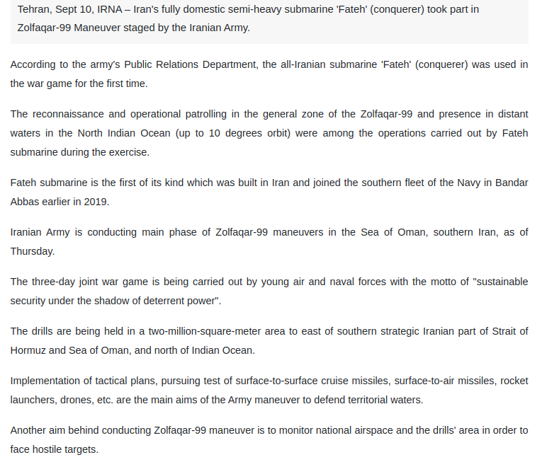 Iran : Le nouveau sous-marin semi-lourd entièrement fabriqué en Iran, le "Fateh" (conquérant), fait ses débuts dans les manœuvres Zulfiqar ٩٩ Army https://twitter.com/RebeccaRambar/status/1304033768014057472