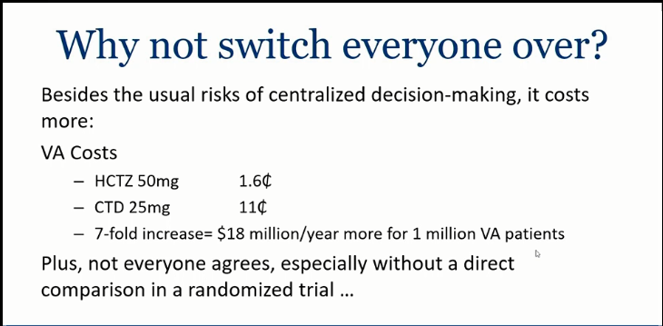 Still HCTZ remains most common - prob due to side effects (electrolytes) from 50 mg CTD(would add  https://www.acpjournals.org/doi/10.7326/0003-4819-158-6-201303190-00004)Cost - In OntarioHCTZ 25 mg = 1.6 centsCTD 50 mg = 12.6 cents (so 12.5 mg = ~ 3 cents) Also more fixed combos with HCTZ than CTD?  #Hypertension20