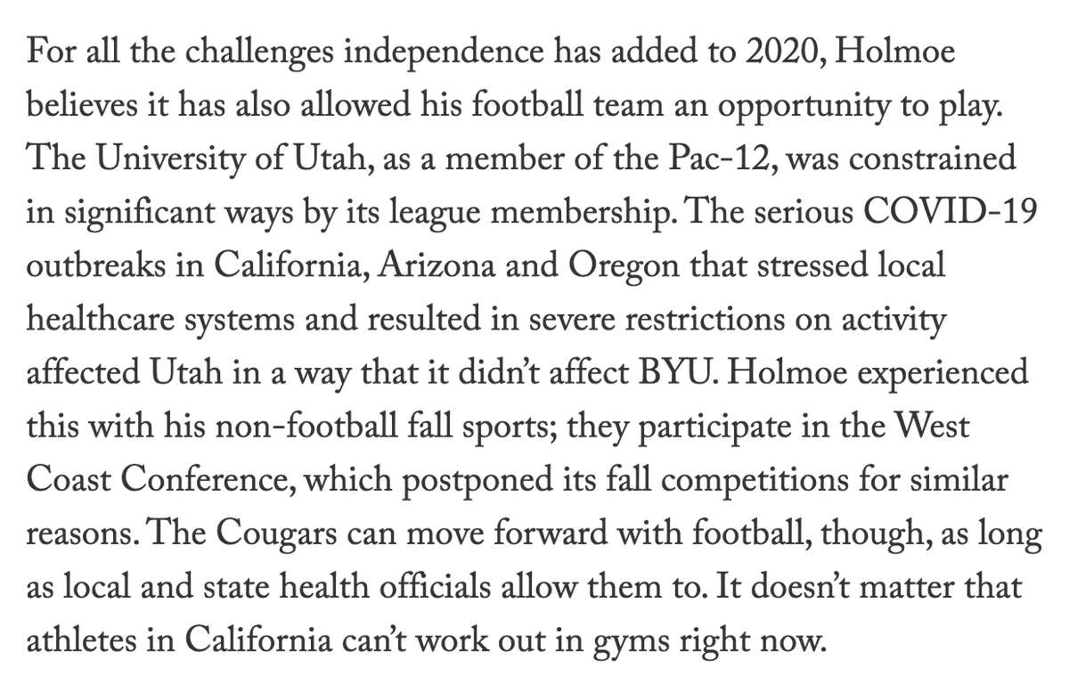 When I talked to BYU AD Tom Holmoe about BYU rebuilding a schedule basically from scratch, he made this important point about conference affiliation. He's had to explain to his non-football athletes why they can't play. It's not at all because of their own behavior.