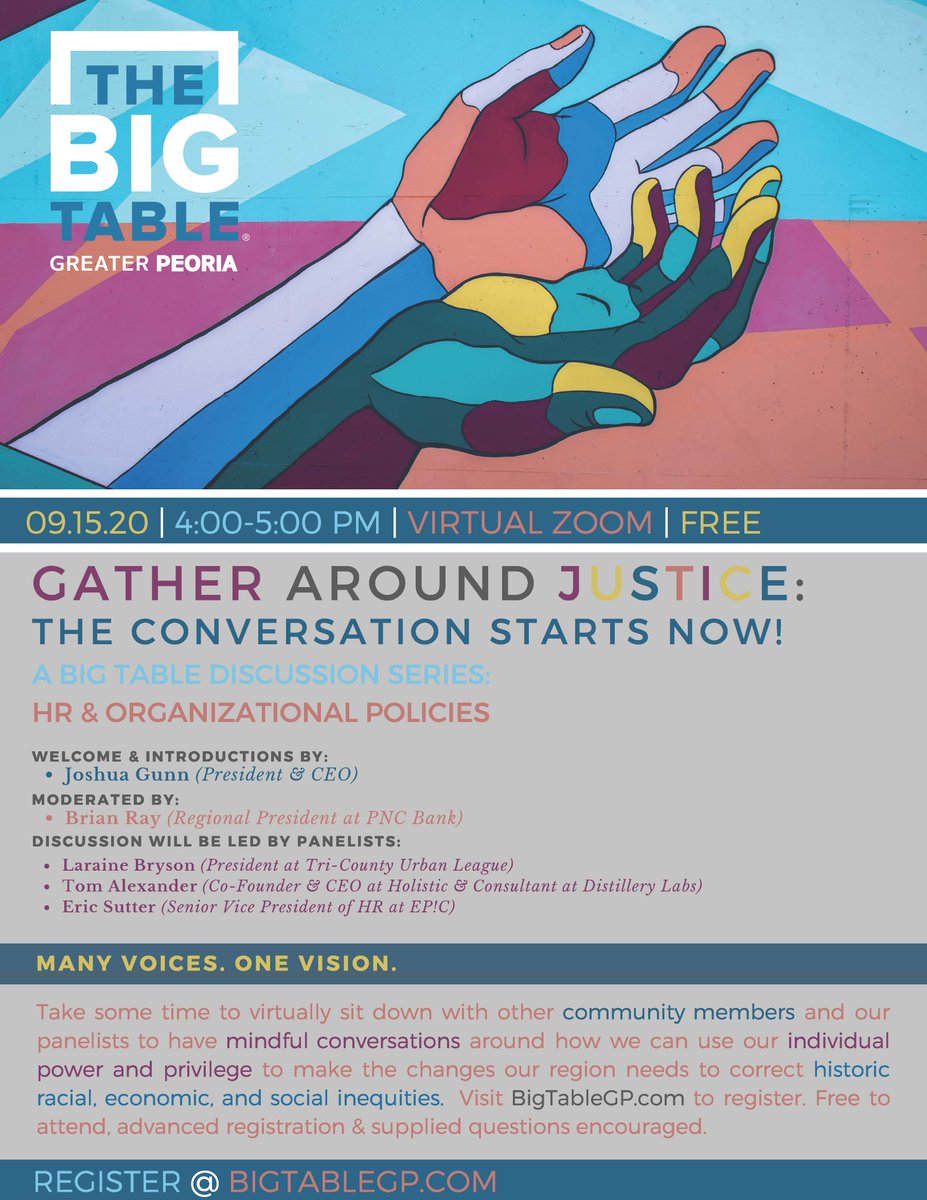 DiscoverPeoria_'s tweet photo. The next Big Table Gather Around Justice Discussion about HR & Organizational Policies is next week! Sign up for the ZOOM call through the link now: https://t.co/D6zk5YxG8o.
#DiscoverPeoria #EnjoyPeoria #BigTableGP #BigTable #CentralIllinois #HeartofIllinois #WhiskeyCity https://t.co/woGXvgfNu2