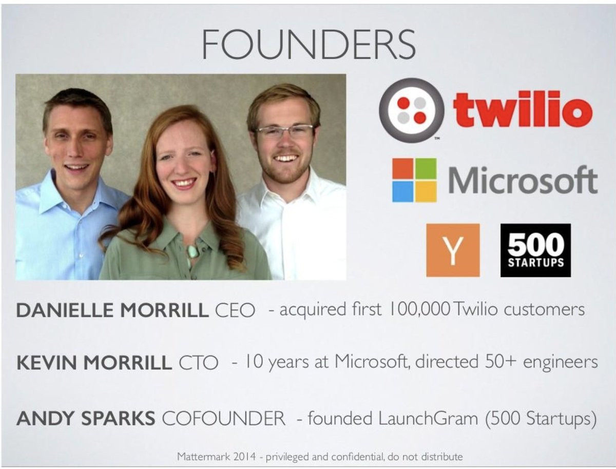 The team - who are the brains behind the company? If the founders have an interesting backstory, you can include a blurb.I like this team slide from  @DanielleMorrill  @SparksZilla  @MisterMorrill when they were raising their seed round!