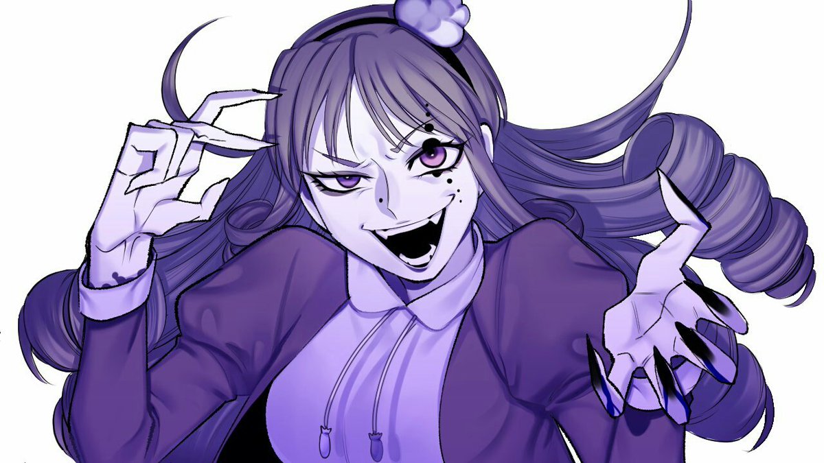 1girl purple eyes solo mole long hair mole under eye fangs  illustration images