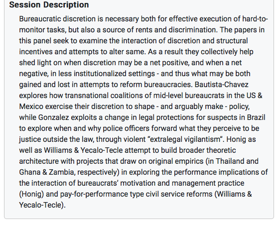 And then finally - last and, were it not for  @ABautistaChavez certainly least (since  @Mar_tinW & I are the other presenters) - our 6PM EST panel on Discretion, Incentives, & Effectiveness with  @piaraffler & George Krause discussing. 6/