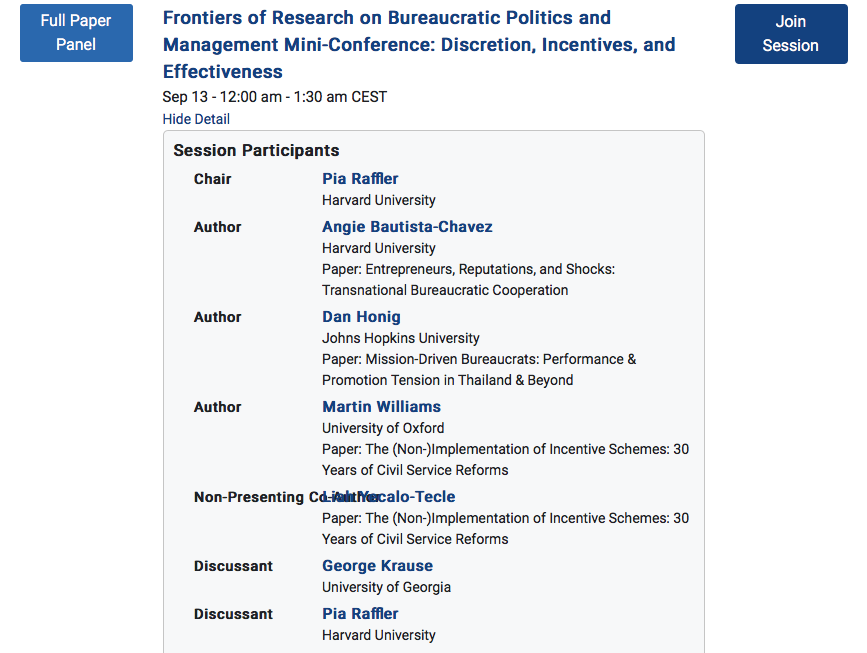 And then finally - last and, were it not for  @ABautistaChavez certainly least (since  @Mar_tinW & I are the other presenters) - our 6PM EST panel on Discretion, Incentives, & Effectiveness with  @piaraffler & George Krause discussing. 6/