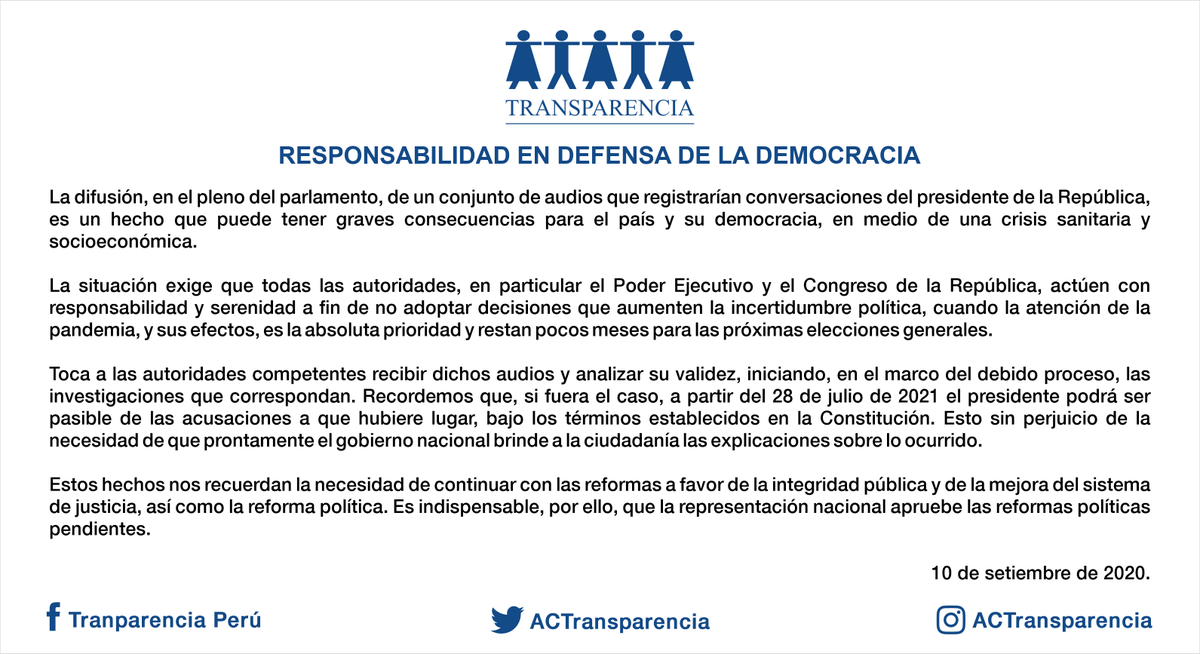 ACTransparencia's tweet photo. #Pronunciamiento | Transparencia pide serenidad y responsabilidad a las autoridades a fin de no adoptar decisiones que puedan tener graves consecuencias para la democracia. https://t.co/XGTDWuvQ0u