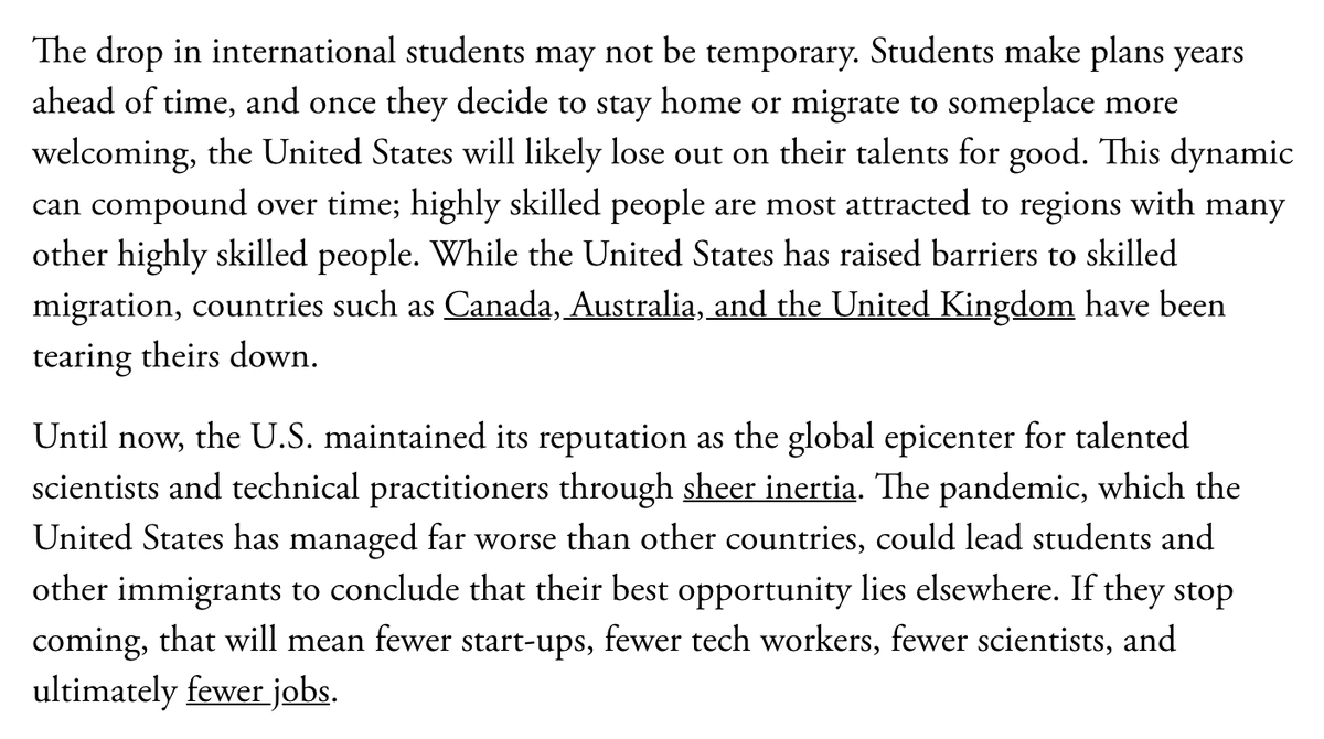 3. Educating and retaining Chinese students makes the US stronger and the CCP weaker.4. America is the innovation engine for the world. Fewer talented people in the US means fewer global public goods. It's a net loss.See this piece by  @calebwatney:  https://www.theatlantic.com/ideas/archive/2020/07/americas-innovation-engine-slowing/614320/