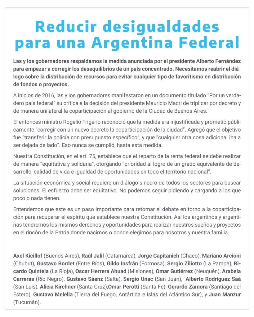 GZamoraSDE's tweet photo. Comunicado de los Gobernadores de las Provincias Argentinas en apoyo al anuncio del Presidente de la Nación @alferdez https://t.co/nxFS9RiRef