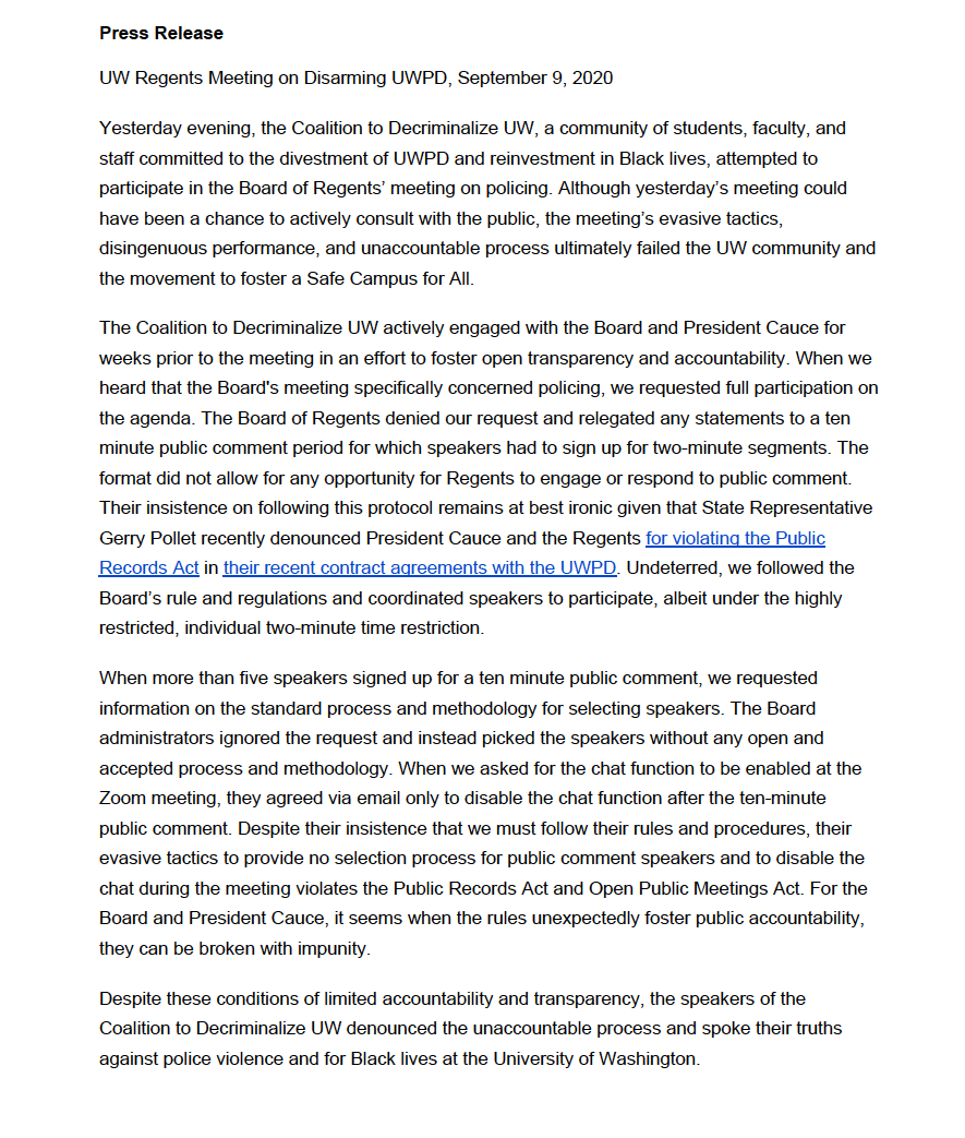 DecrimUW's tweet photo. Here is the Coalition's latest press release in response to the @UW BOR meeting last night. Please circulate widely! #DecrimUW #BLM #AcademicTwitter https://t.co/hqALnHJOFb