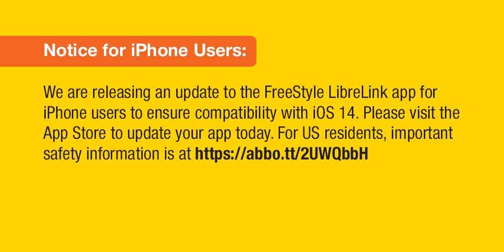 Gorgelen Persoon belast met sportgame Australië Abbott FreeStyle on Twitter: "Notice for iPhone users: We are releasing an  update to the FreeStyle LibreLink app for iPhone users to ensure  compatibility with iOS 14. Please visit the App Store