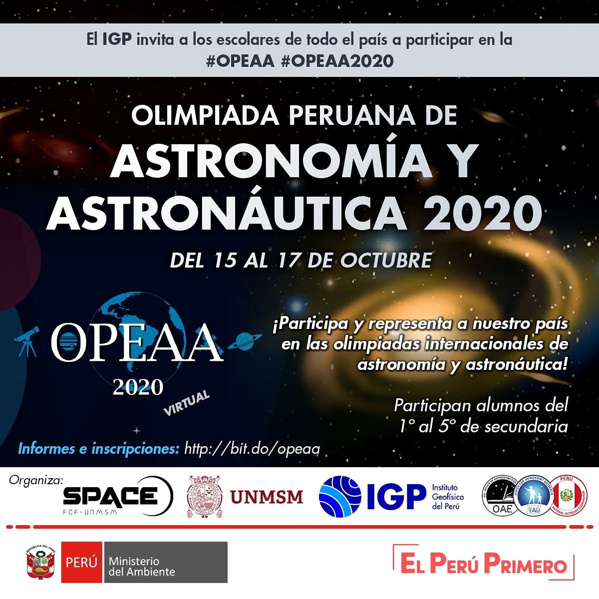 igp_peru's tweet photo. El #IGP invita a escolares de todo el país a participar de las Olimpiadas Peruanas de Astronomía y Astronáutica 2020 (#OPEAA). Recuerda, tú puedes representarnos en las Olimpiadas Latinoamericanas de Astronomía y Astronáutica 2020 (#OLAA). Más detalles: https://t.co/9Mop8vyivI. https://t.co/xa36mLPzwY