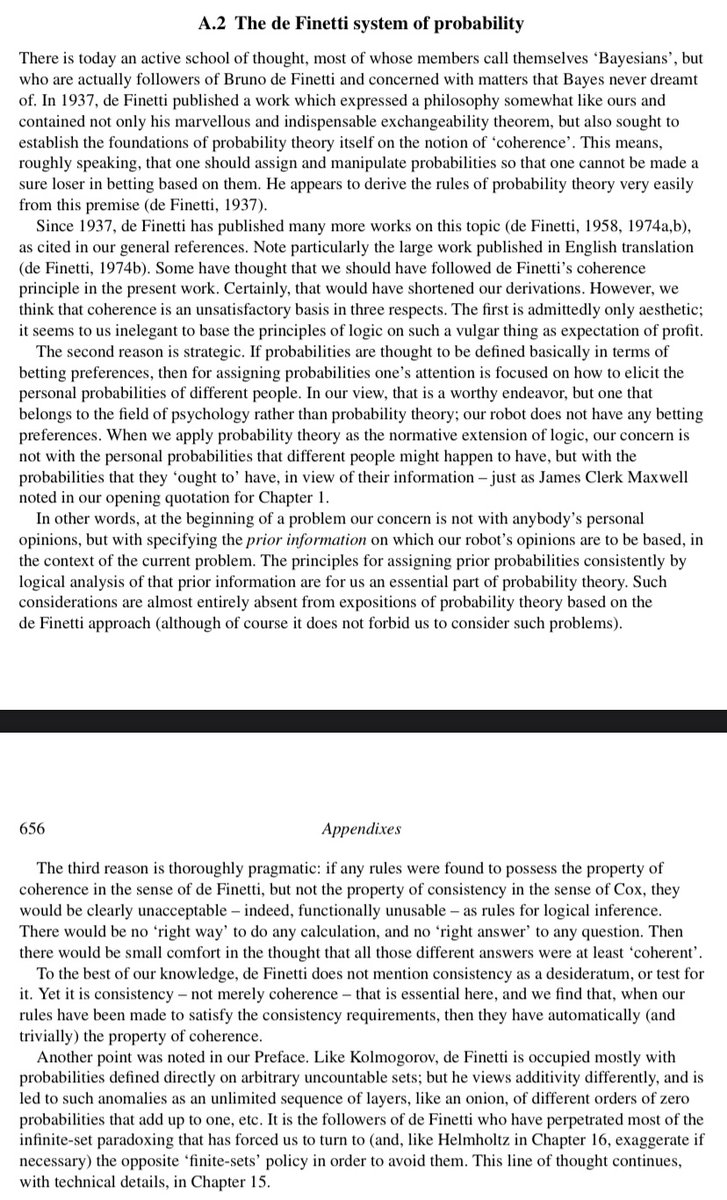 efederbusch's tweet photo. @jahskillen @DrCirillo @dmi3k @HarryDCrane @ole_b_peters Harry’s consistency here indicated as “coherence” was not proven to the date of PTLOS to match Cox theorem definition of consistency. See the third argument below. It’s then possible than de Finetti system could admit processes that would violate Cox theorem. https://t.co/8aAg4GoM6l