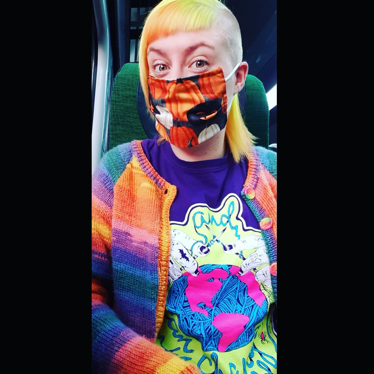 skeinheadknits's tweet image. I had to #sew myself a #Halloween #cottonmask too! After I took this snap, I realised everything I'm wearing I have made 😂 #handknitted cardie, hand sewn mask, own merch - I didnt realise I was so DIY! 🧷