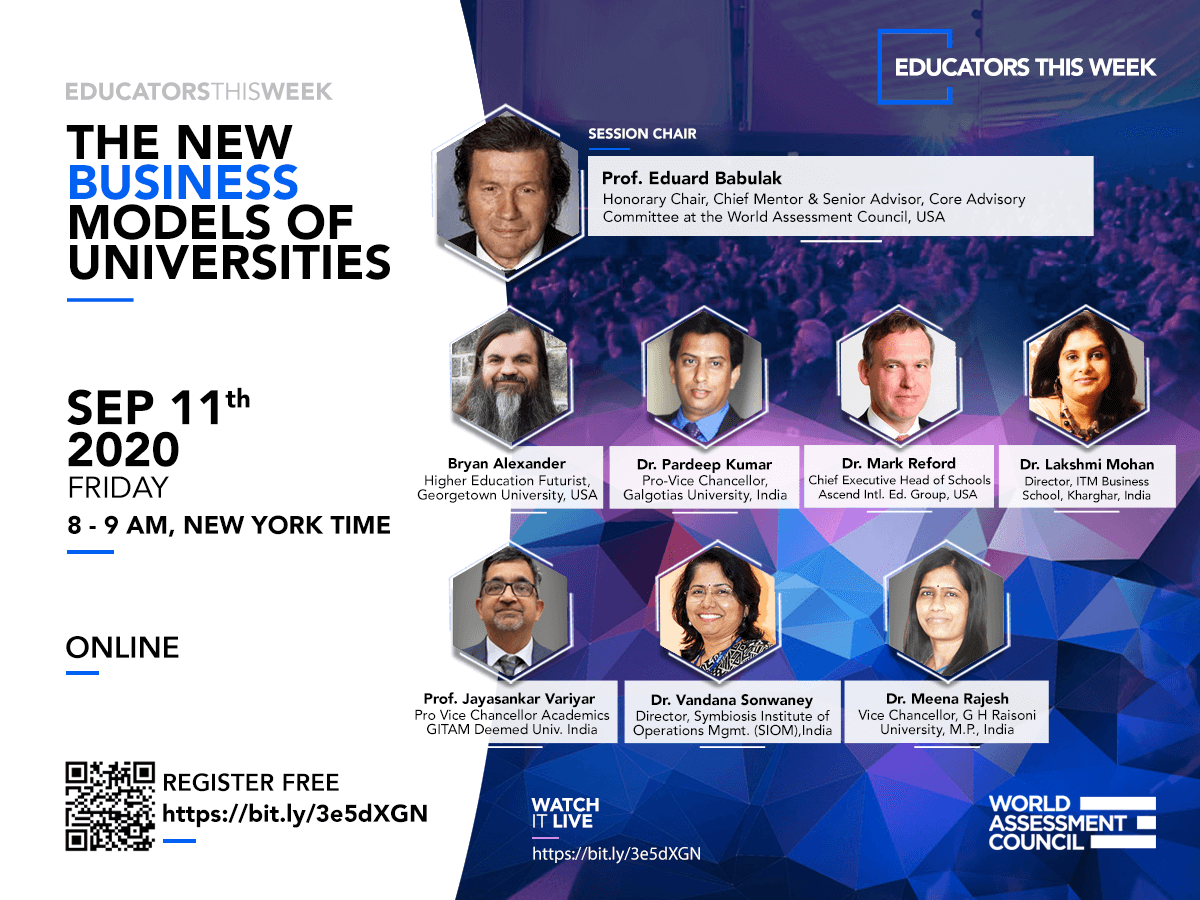 wacsocial's tweet photo. Join the live stream of 'Educators This Week' :
Topic: THE NEW BUSINESS MODELS OF UNIVERSITIES
Date: Sep 11th 2020, Friday
Time: 8 - 9:30 AM, New York Time
Venue: Online
Register for Free! #educatorsthisweek #wac #GoDigital
@wacsocial
https://t.co/de6ik5paBK https://t.co/HWKmOyNwTJ