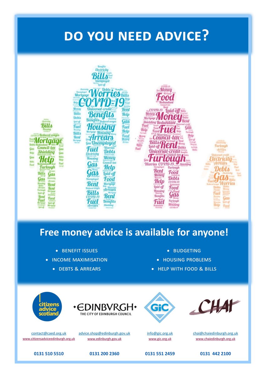 HutchChesserCC's tweet photo. Free Benefit &amp; Debt Advice for Edinburgh Residents. 4 of the city’s services are working to support residents to maximise their income &amp; support through these difficult times. All are currently providing assistance remotely and some are starting to offer face-2-face appointments. https://t.co/kApoZHWsal