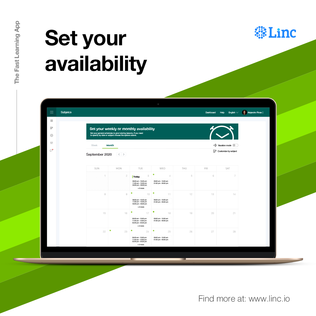 LincLearning's tweet photo. Set your weekly or monthly availability in your calendar.
โข
Set your schedule to give tutoring lessons, If you need to specify by date or subject choose the available options. #thefastlearningapp #Linc #tutoring
โข
โข
Find out more about our platform at https://t.co/EeOezuXsBU https://t.co/I7uexlgpdA