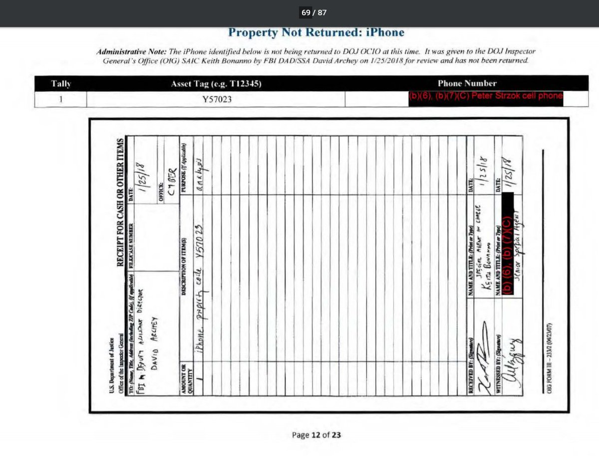 Here is another SCO inventory & Y57023 is missing from it along with Y57024 being crossed out...Followed by a property from FBI DAD Archey signing that phone over to the OIG on 1/25/18. Was the phone reissued to him after Strzok turned it in?