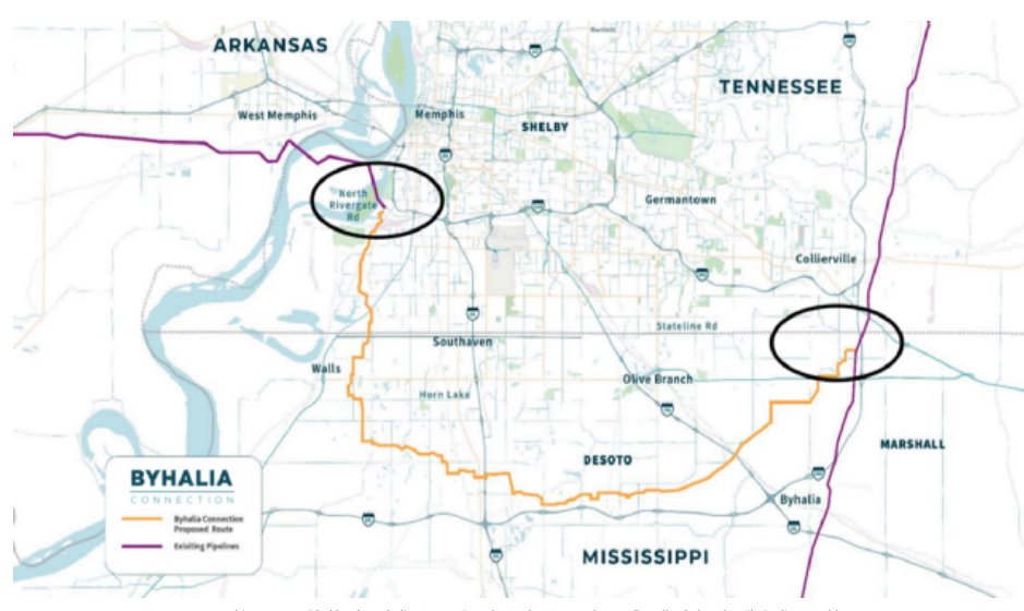 The black circles show where the pipeline (yellow line) would begin and end and where it connects to two other pipelines (purple lines.)The shortest distance between two points is a straight line, but that would take the pipeline through whiter and more affluent neighborhoods.