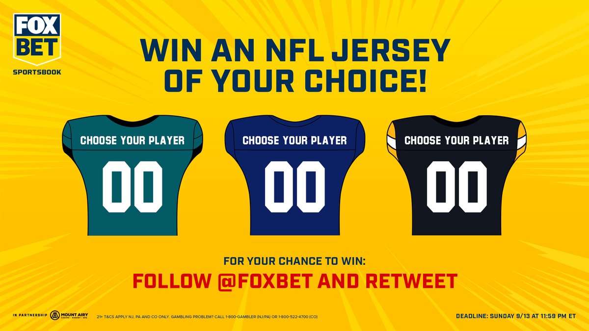 FOXBet's tweet image. 🚨 #NFL JERSEY GIVEAWAY 🚨

🔟 randomly selected people will win: 5 here and 5 on IG: bit.ly/FOXBetJerseys

𝗘𝗻𝘁𝗲𝗿 𝗼𝗻 𝗯𝗼𝘁𝗵 𝗽𝗹𝗮𝘁𝗳𝗼𝗿𝗺𝘀 𝘁𝗼 𝗱𝗼𝘂𝗯𝗹𝗲 𝘆𝗼𝘂𝗿 𝗰𝗵𝗮𝗻𝗰𝗲𝘀! ✌️