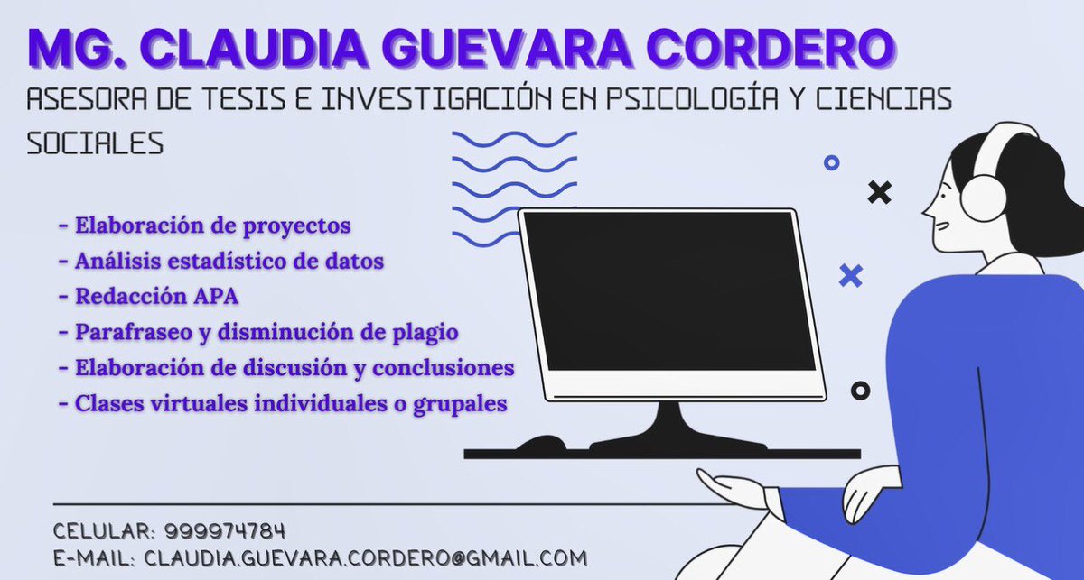 ClaudiaKgc's tweet photo. Asesoría de tesis en psicología o ciencias de la salud así como ciencias sociales. https://t.co/e9PfdOBSBM