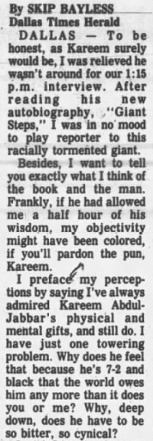 MichaelVPina's tweet image. since skip bayless is trending, just want to quickly share this passage from his review of kareem abdul-jabbar's first autobiography