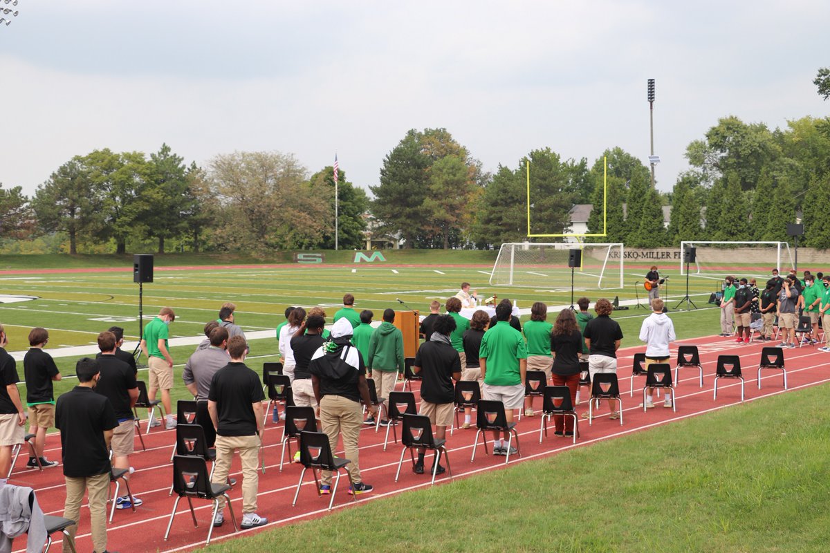 We finished the day with our first all-school Mass! 
All #COVID-related safety rules applied...everyone wore a mask, social distanced, and it was held outdoors. #Mass #menofmary #WeekFour #masksup #southside #outdoors #happyday