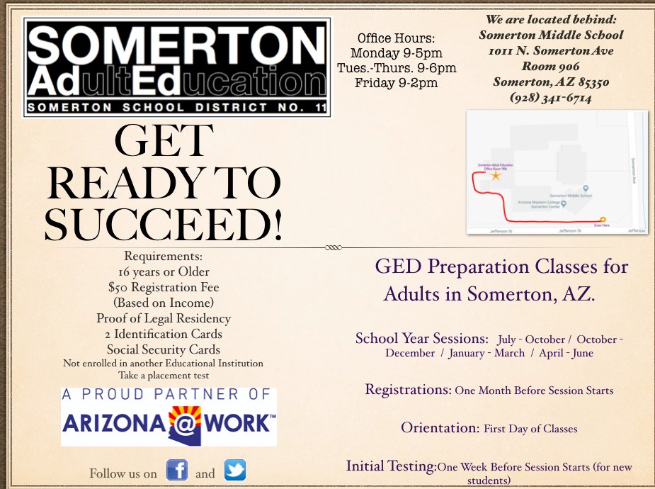 SomertonAdEd's tweet photo. Nuestras clases de Ingles y GED empiezan el 16 de Octubre, 2020.  Alumnos nuevos y vigentes reserven su lugar para la proxima session. 
Porfavor llamar al oficina de Somerton Adult Education 928. 341.6714. https://t.co/uNVXipl9b6