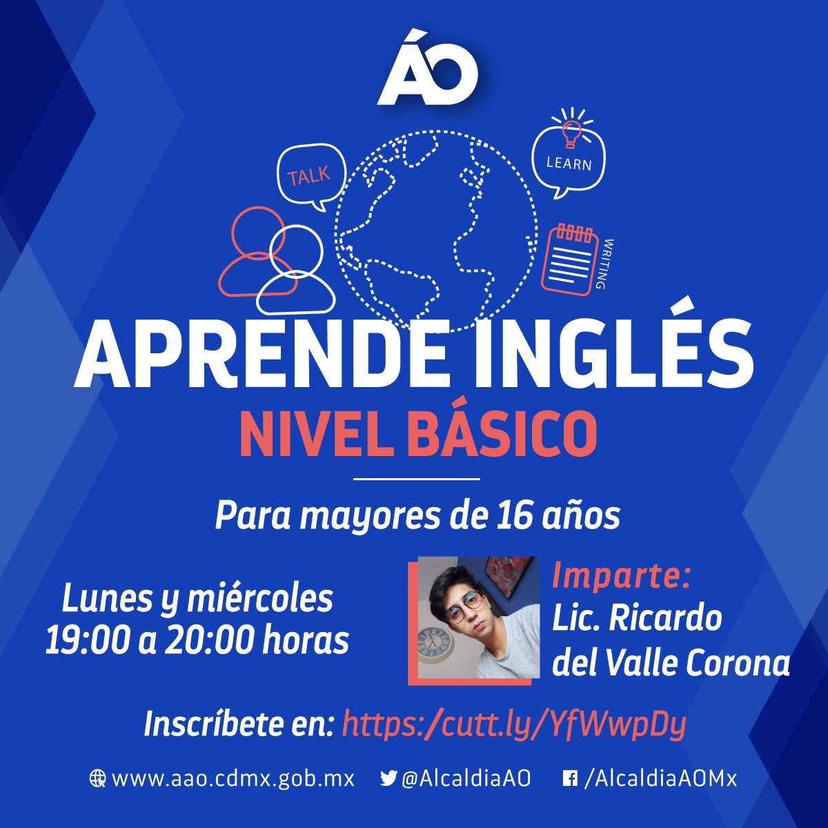 AlcaldiaAO's tweet photo. ¿Quieres aprender inglés?
Iniciamos nuestro nivel básico, vía on line. 
Si tienes más de 16 años, inscríbete en nuestras clases. 
Tienes hasta el 20 de septiembre, sólo debes llenar el formulario en este link:
https://t.co/t2LeS1U3Z8
No dejes de aprender ¡#NoBajesLaGuardia! https://t.co/hZwlJmNocm