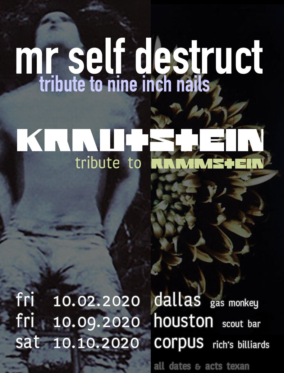 kraut_stein's tweet photo. Announcing 2020 dates w/ #mrselfdestruct a @nineinchnails tribute w/🎫s below. Get urs now; they go SCHNELL w/reduced capacities!

Fr 2 Okt - @GMBG_GML Dallas
https://t.co/2IAWPuszGc

Fr 9 Okt - @scoutbarhouston 
https://t.co/Oskqjra2bA

Sa 10 Okt - #RichsBilliards Corpus Christi https://t.co/2x4vuPzqPq