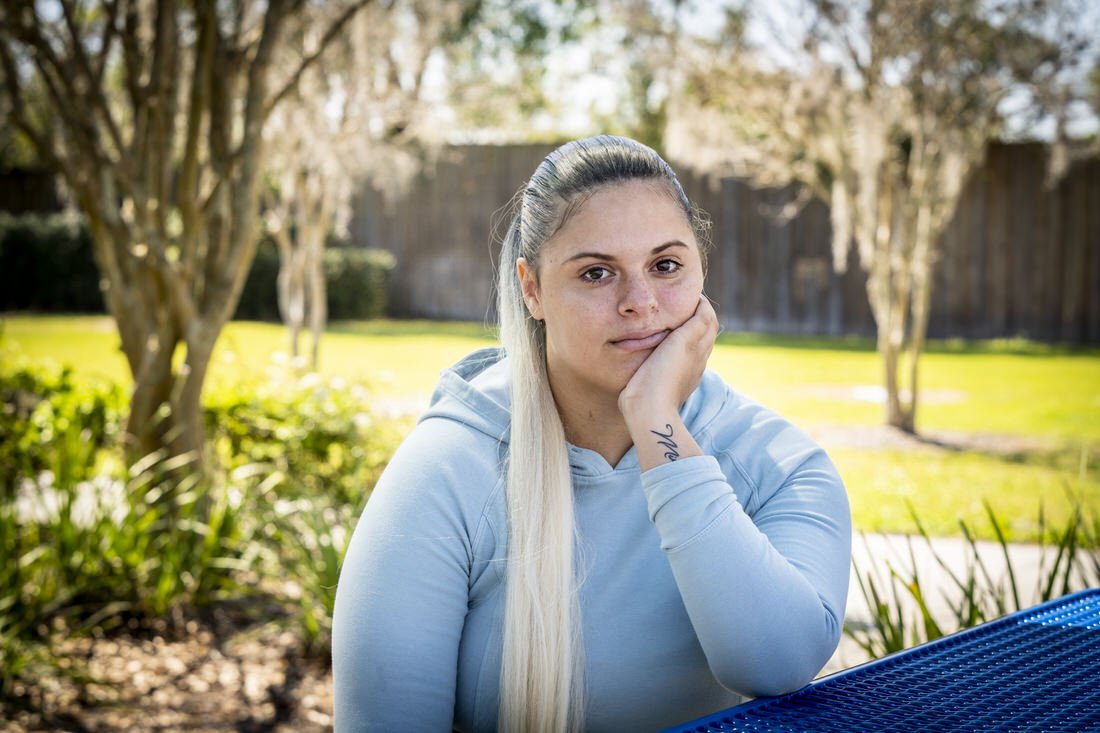 LAUREN SCHNEIDERMAN / Staff Photographer"Hannah Rivera, 18, in Feb, in Orlando, Fla. Rivera was 15 when she was sent to a Devereux campus in Viera, Fla, to get help after she was sex-trafficked. While at Devereux, Rivera said she was raped by a 24-year-old male staff member."