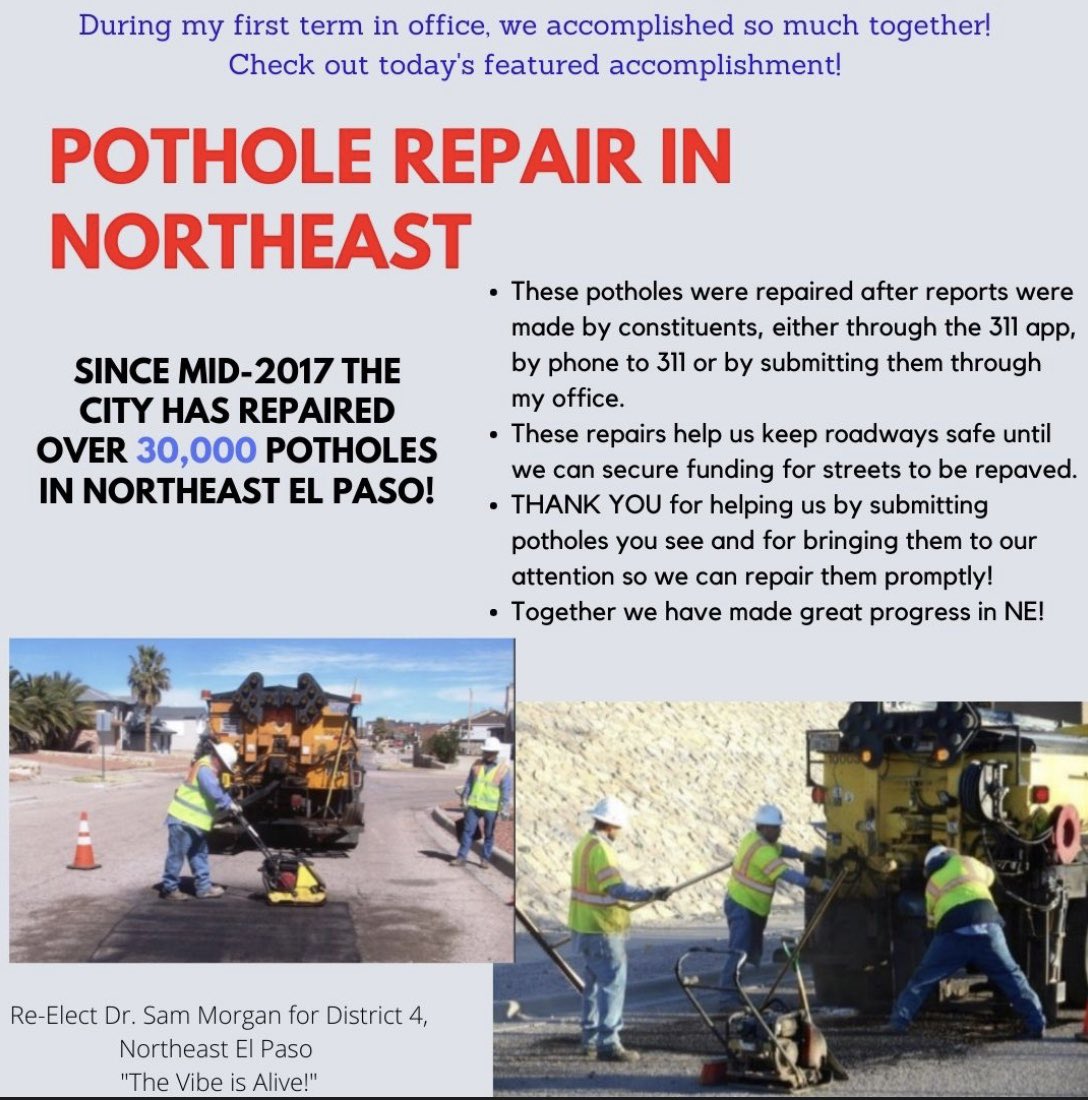 samdocmorgan's tweet photo. Potholes are an issue that effected the city for years, but by council applying more funding, allowing the Streets &amp; Maintenance department to find operational efficiencies we have now repaired more potholes than ever before, especially in NE!#NortheastElPaso #thevibeisalive https://t.co/udNEeGrRvc