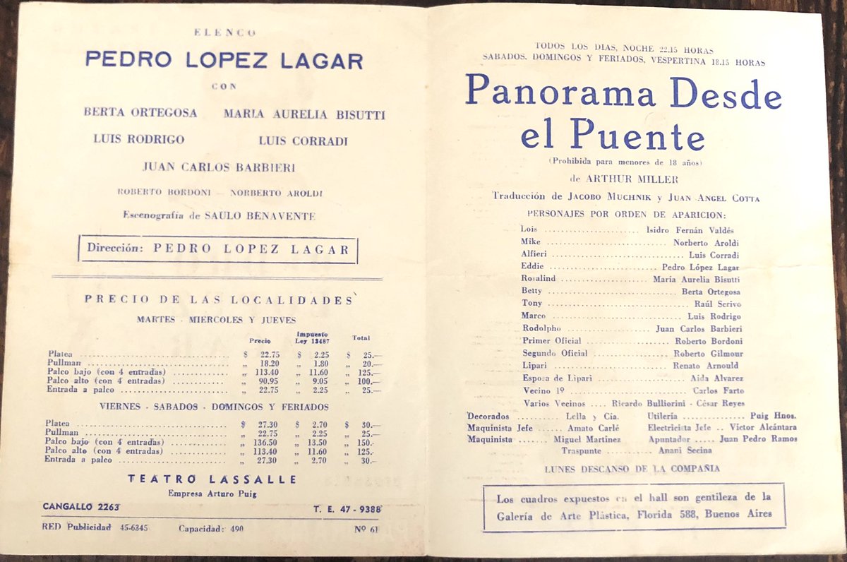 multiteatro's tweet photo. 🍿En 1956 el prestigioso Pedro López Lagar decide estrenar la obra de Miller en un solo acto, cuando todo se hacía con intervalo. Los grandes teatros no sacrificaban su venta de golosinas en los entreactos. Lagar la llevó al solitario Lasalle de calle Cangallo. Lo llenó por años. https://t.co/uYNw15eJJO