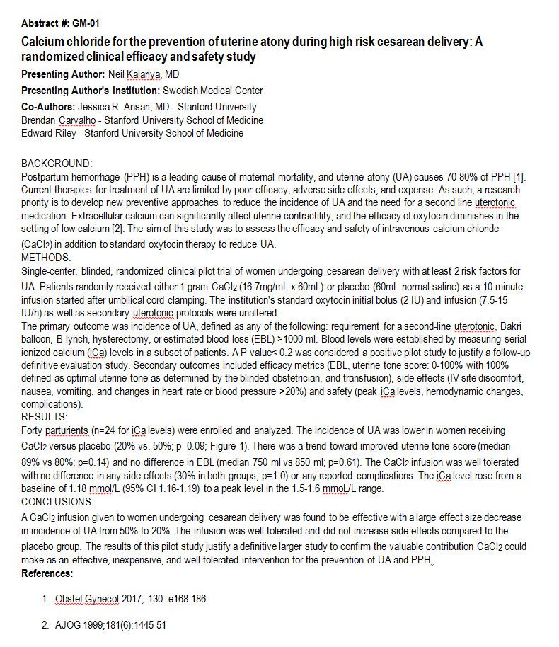emilysharpe's tweet image. For #SOAPAM2020 @neil_kalariya discussing &quot;Calcium chloride for the prevention of uterine atony during high risk cesarean delivery: A randomized clinical efficacy and safety study&quot;

#Obanes