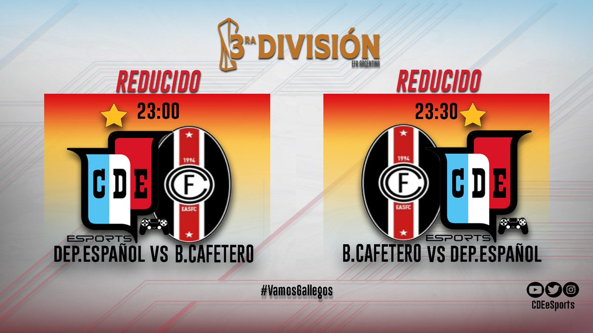 ⚽️ #ReducidoEFA

📌 Esta noche Español se enfrenta a <a href="/BardoCafetero/">Bardo Cafetero</a> por un lugar en la promoción por el ascenso a la 2da división de <a href="/EFAargentina/">EFA Argentina (desde 🏡)</a>. 

🖥 Seguinos en vivo a las 23hs.
👉🏼 youtube.com/channel/UCe8fE…

#VamosGallegos 💪🏼🇪🇸