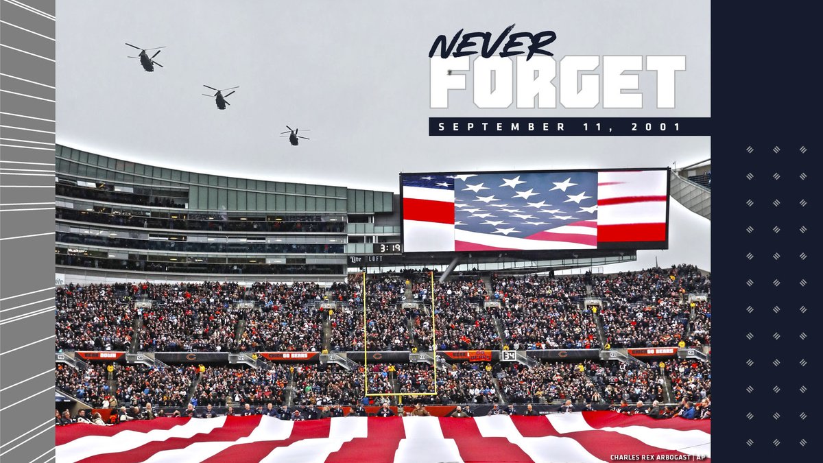 ChicagoBears's tweet photo. Today we honor both those who lost their lives on 9/11 and the brave men &amp; women who serve our country every day.

#NeverForget https://t.co/oE9RNlu88N