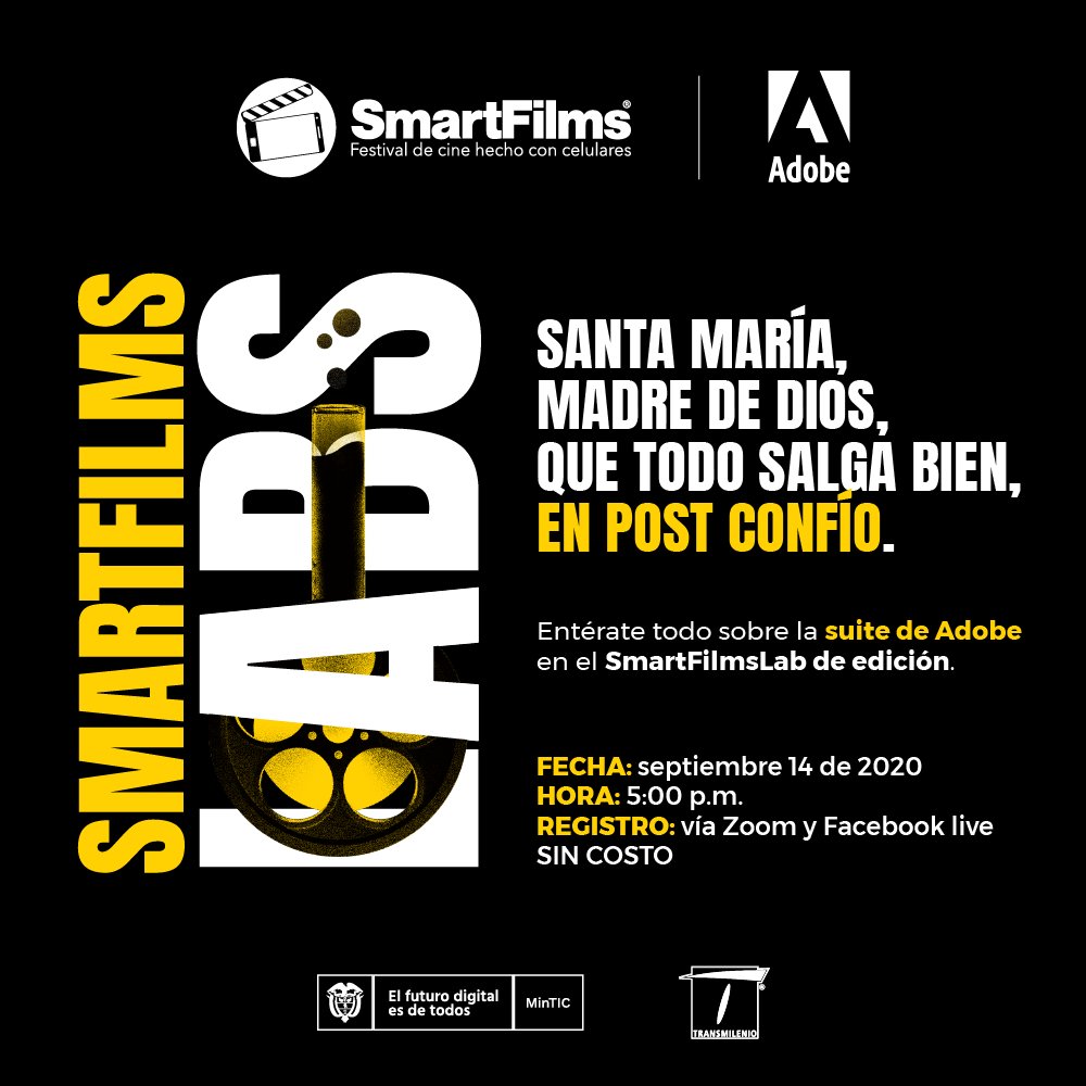 smartfilmsco's tweet photo. Llega un nuevo #SmartFilmsLabs con @AdobeLat aprenderás cómo usar los trucos para sacarle el máximo provecho a la Suite de Adobe. Lunes 14 de septiembre, 5:00 p.m, vía zoom.
¡No te lo pierdas! Regístrate aquí:
https://t.co/pRilanAKFv
#SmartFilms #YoSoySmartFilms #Cortos #Cine https://t.co/U7XDf2iqkv