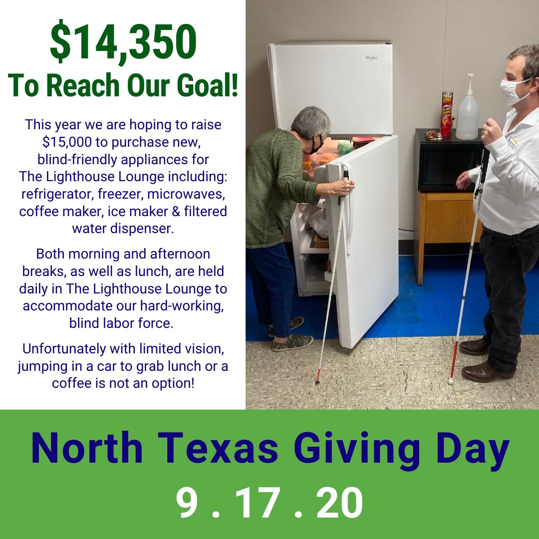 FWLighthouse's tweet image. With over 30 employees who are visually impaired, our single fridge is no longer cutting it. This year we are hoping to raise $15,000 to purchase new, blind-friendly appliances for The Lighthouse Lounge. Schedule your donation today at, bit.ly/2EDEbEg
#NTxGivingDay