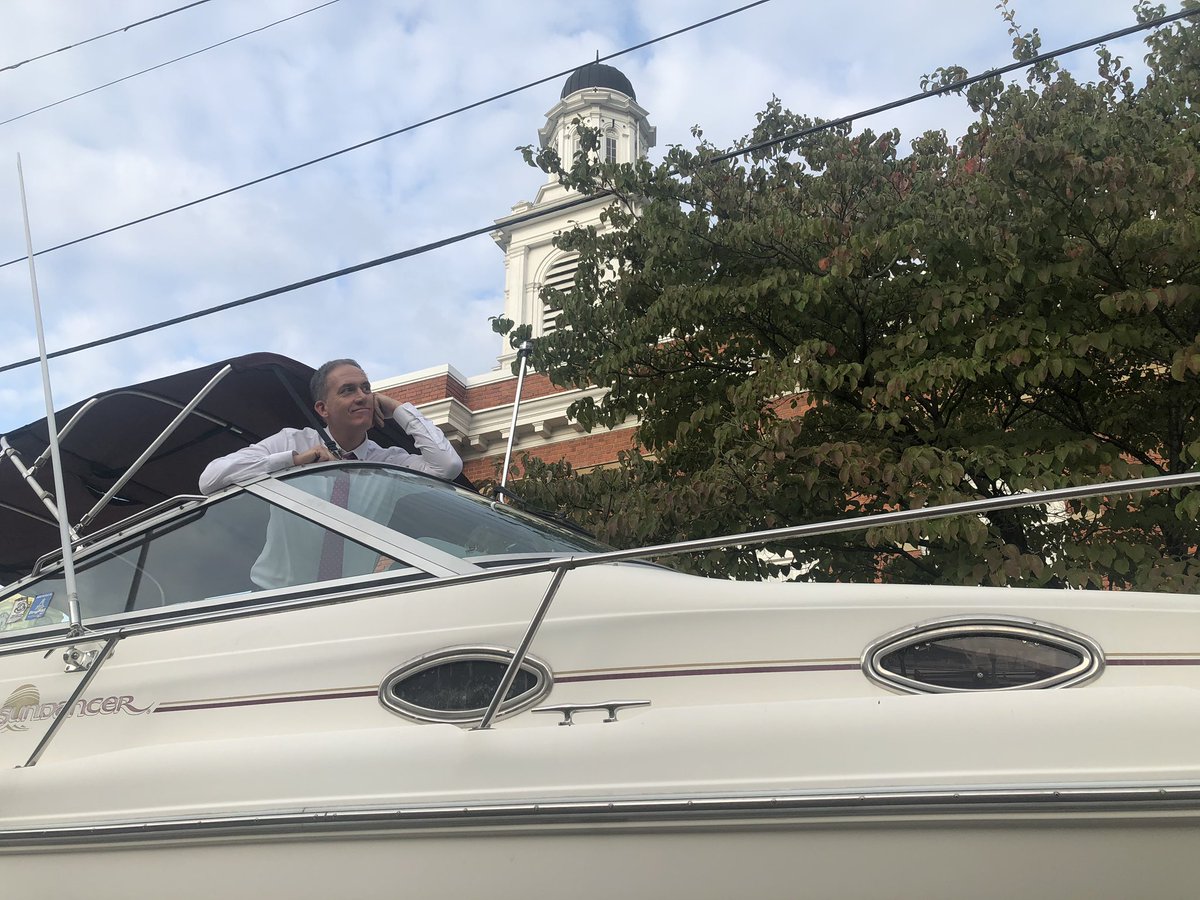WSAZirr's tweet photo. Don’t ask me why, but someone parked a boat outside WSAZ. Naturally, this called for a photo shoot. Thanks @WSAZchelsea https://t.co/8VEWDsrT5q