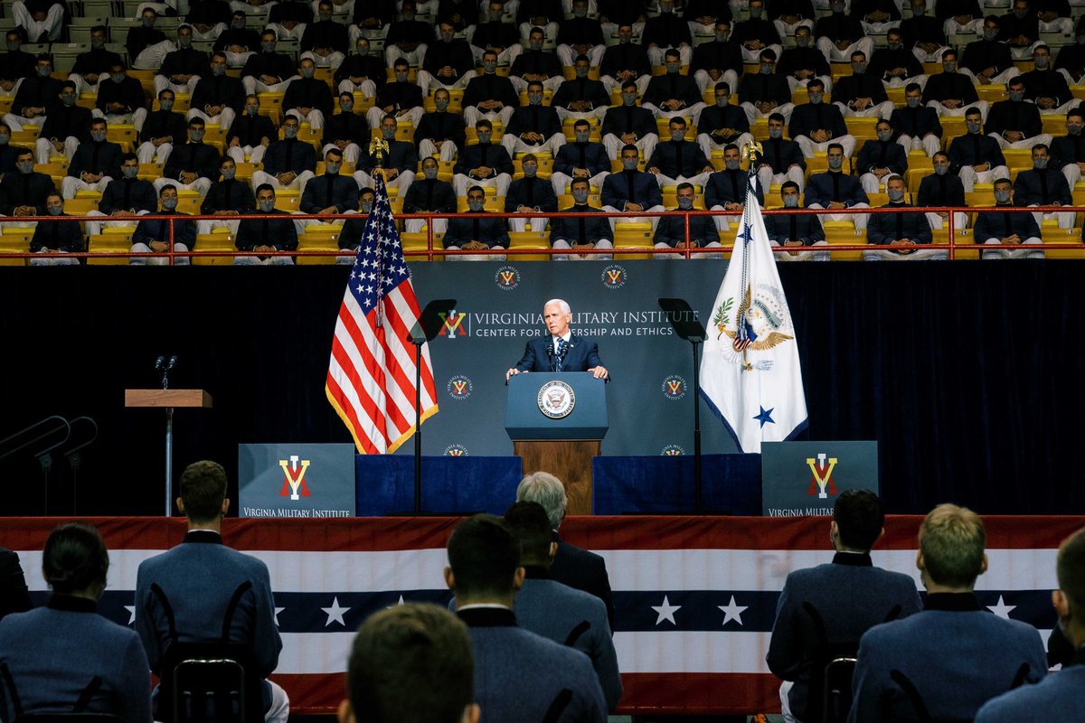 Mike_Pence's tweet photo. Honored to be with some incredible men and women who’ve worn the uniform of the United States at @VMI1839 today! https://t.co/SwrQZHNsWQ