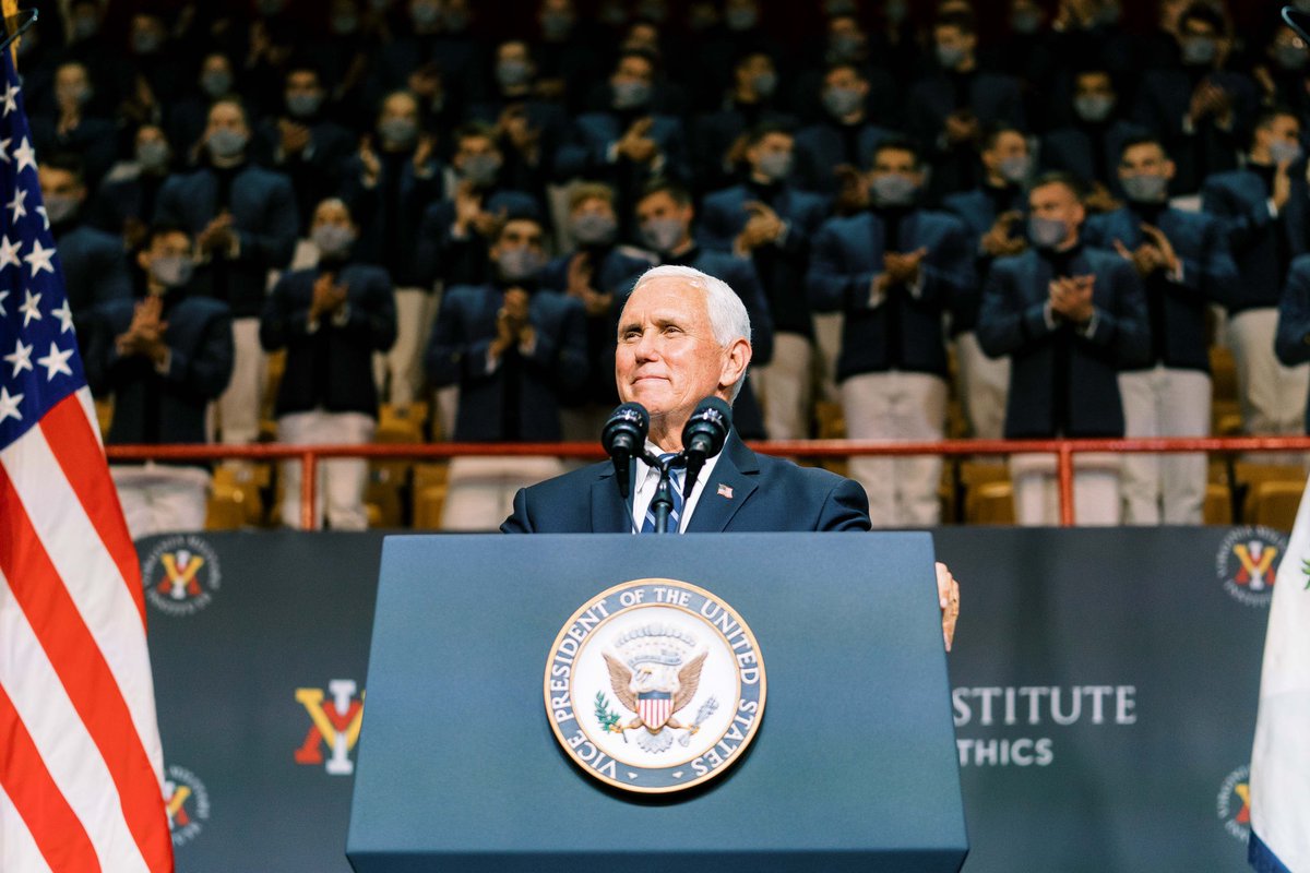 Mike_Pence's tweet photo. Honored to be with some incredible men and women who’ve worn the uniform of the United States at @VMI1839 today! https://t.co/SwrQZHNsWQ