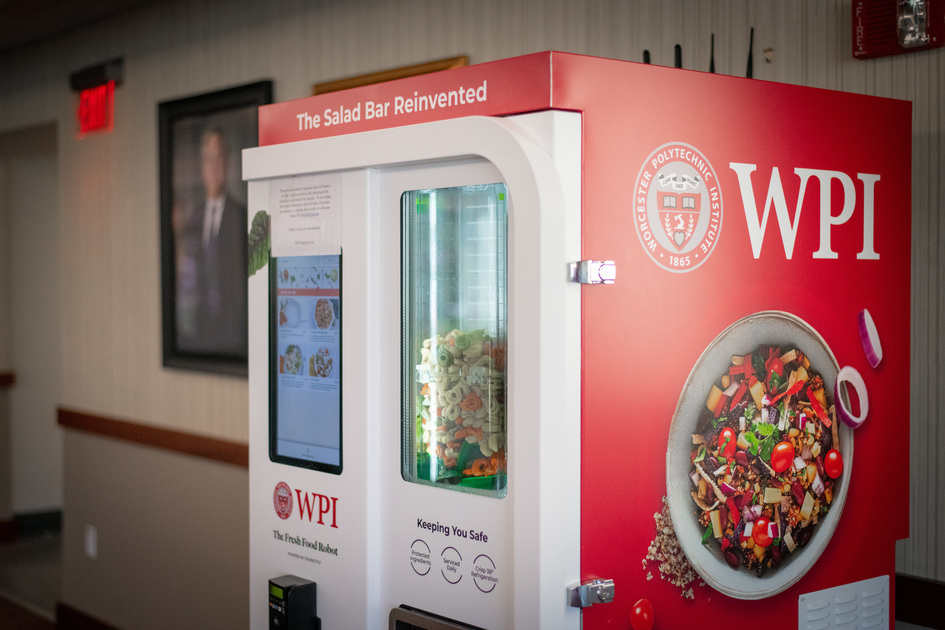 WPI's tweet photo. We at WPI love #robots so much that Dining Services has added a salad-making robot! Meet Sally, the Salad Robot, available 24/7 in Morgan Wedge. @wpieats https://t.co/MwyfmXv9Sp