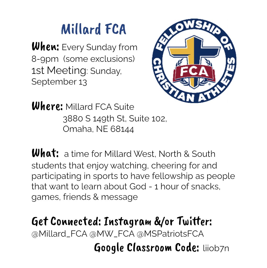 Millard_FCA's tweet photo. Join us Sunday, Sept 13 for our first meeting of the year!  

Weekly from 8pm-9pm on Sundays!

Join us for food, fun, &amp; fellowship!

            🔵🔴🟢✝️🟢🔴🔵 https://t.co/rD2CPvPLIL