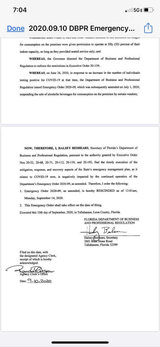 We are rescinding amended EO 20-09 from DBPR as of Monday. Starting Monday,  all bars will be reopened at 50% occupancy.
